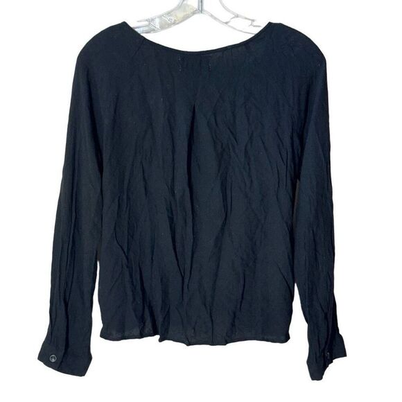 Urban Outfitters Surplice Draped Blouse in Black Textured Cotton Long Sleeve - Picture 2 of 9